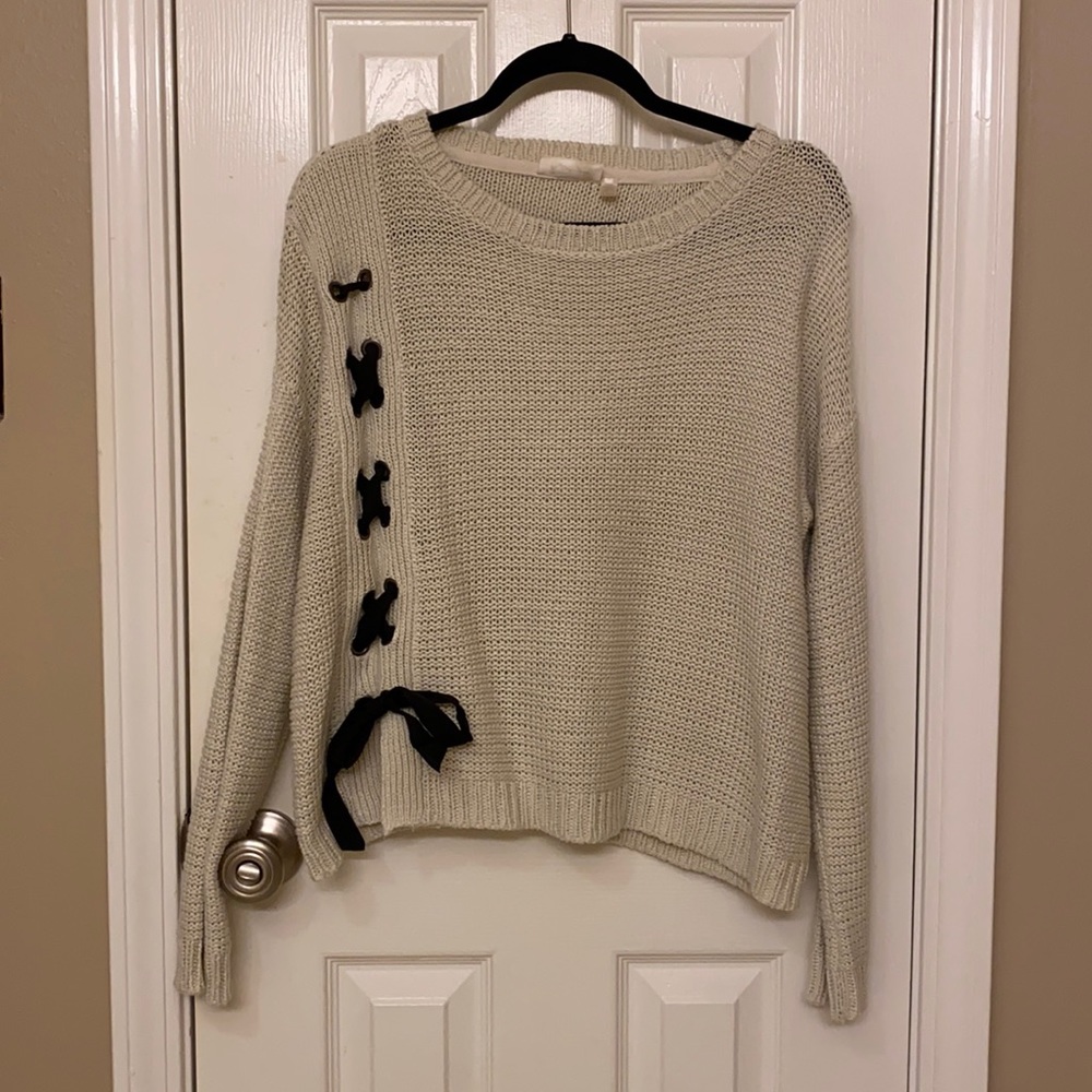 Cream Sweater with Lace Up/Bow Accent